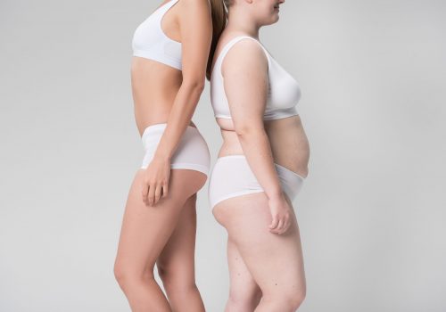 Difference in visible. Close up of young fat and slim girls standing and posing in lingerie. Focus on their abdomens. Isolated